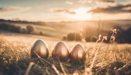 vintage style easter eggs in a countryside setting - obrazy, fototapety, plakaty