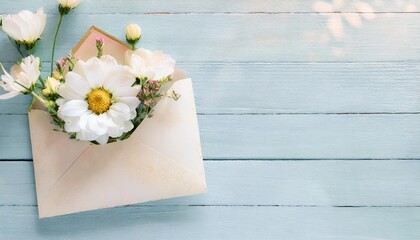 vintage envelope with flowers on light blue wooden background banner mockup for womans or mother day wedding invintation easter card flat lay top view copy space for text - obrazy, fototapety, plakaty