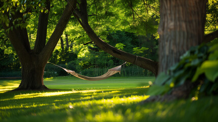 A hammock gently swaying between two sturdy trees, inviting relaxation and lazy summer afternoons.