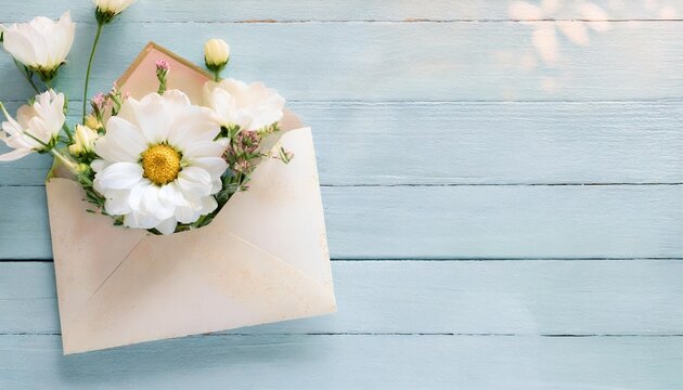 vintage envelope with flowers on light blue wooden background banner mockup for womans or mother day wedding invintation easter card flat lay top view copy space for text