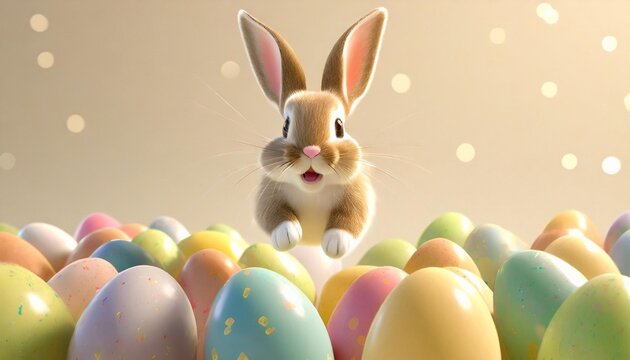 happy cute adorable cartoon easter bunny jumping out of many colorful easter eggs on plain background soft light vibrant colors