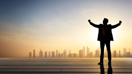 Silhouette of Business Man Celebrating Victory - Success, Achievement, Motivation, Elation Concept