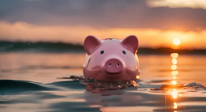 Piggy bank under water. Crisis concept.