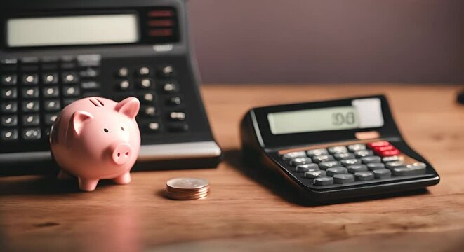 Piggy bank next to calculator.