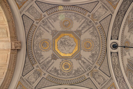 Budapest, Hungary - April 22, 2023: A picture of the ceiling at the entrance of the Hungarian State Opera.