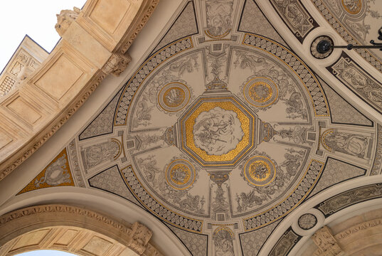 Budapest, Hungary - April 22, 2023: A picture of the ceiling at the entrance of the Hungarian State Opera.
