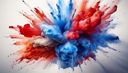 Dynamic Paint Splatter: Explosive Red and Blue Burst on White Canvas