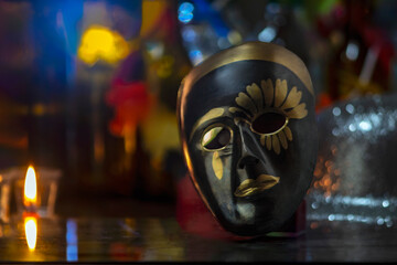 Carnival mask on a wooden table - festive and colorful art for celebrations and cultural traditions