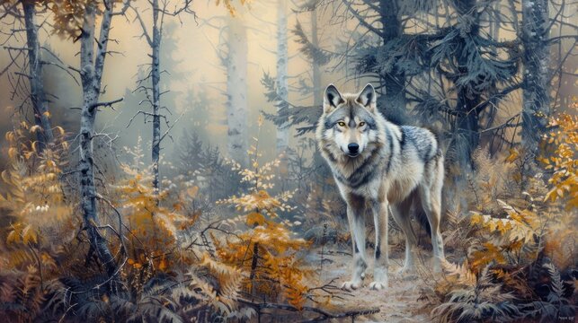 Portrait of grey wolf animal wildlife in the forest. AI generated image