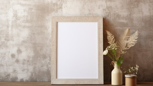Empty photo frame on boho background with flowers. A mockup in a rustic style. Natural Business template with dry plants