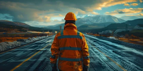 Foto op Plexiglas Civil engineer supervising expressway construction checking road work on a sunny day. Concept Civil Engineering, Road Construction, Supervision, Infrastructure Development, Sunny Weather © Ян Заболотний