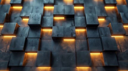 Fototapeta premium Geometric pattern of raised black squares with glowing orange lights between the gaps. Black cubes with orange backlighting in a 3D render for creative concepts or backgrounds