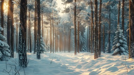 Pines trees in the snowdrifts of magical winter forest landscape. AI generated image