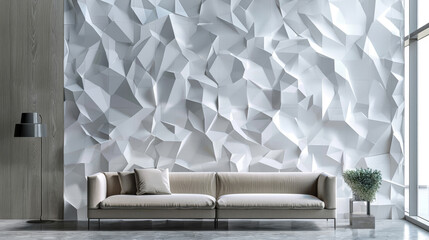 Contemporary living room with chic sofa against geometric 3D wall. Minimalist interior design with textured wall and modern furniture.