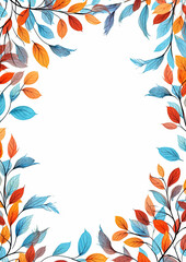 Fototapeta na wymiar A colorful leafy border with a white background. The leaves are in various shades of blue, red, and orange
