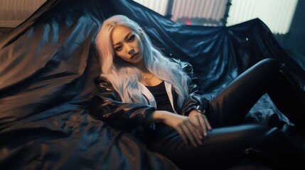 Naklejka premium Pretty asian woman in black cloth. Portrait of attractive luxury model. Young glamour person. Stylish fashionable cool lady