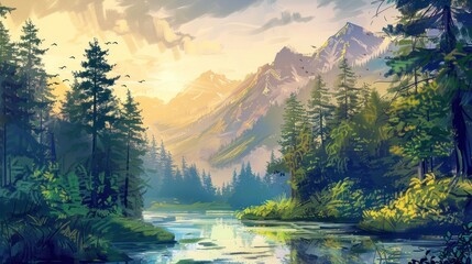 Beautiful fir of pines forest with river nature landscape view. AI generated image - obrazy, fototapety, plakaty