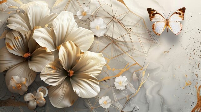 3D flower Wallpaper With butterfly on textured background. wall decor , Poster , 3D Flower , illustration
