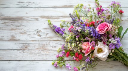 Fototapeta na wymiar Beautiful flower bouquet on the white wooden background. AI generated image