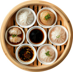 Assorted dim sum in bamboo steamer cut out on transparent background