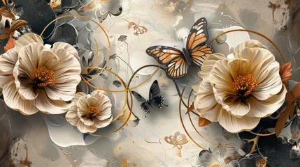 Fotobehang Grunge vlinders 3D flower Wallpaper With butterfly on textured background. wall decor , Poster , 3D Flower , illustration