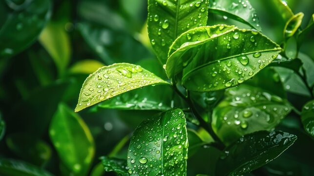 Fresh green leaves of citrus plants with water drops texture background. AI generated image
