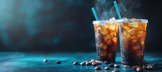 Vibrant iced coffee in plastic cups with straw, isolated for captivating food photography