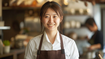 白いシャツにエプロンを身に付けて微笑む若い日本人女性