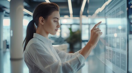 A saleswoman in a modern office checking a database checkbox on a transparent wall monitor. generative AI