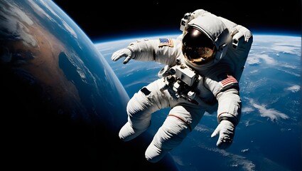 An astronaut in a white suit floats in space, Earth’s curvature visible below with scattered clouds and visible continents. Awe-inspiring view

 - Powered by Adobe