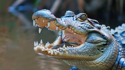Fototapeta premium Portrait a wild Crocodile open large mouth while swimming on river water. AI generated image