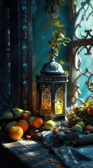  In this evocative image, a radiant Ramadan lantern illuminates the surroundings, symbolizing the holy month's spiritual warmth, cultural richness, and festive joy