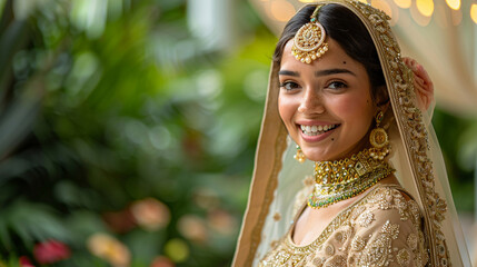 Indian Bride in a traditional dress with a veil and wearing jewelry