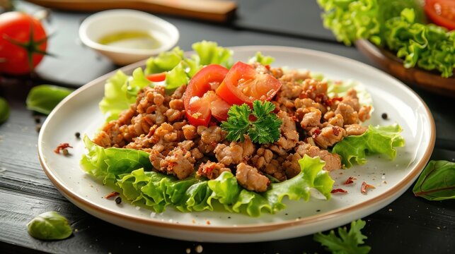 Pork minced spicy with lettuce and tomatoes in white plate on the table. AI generated image