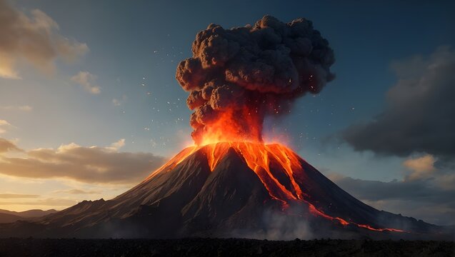 The image captures a dramatic volcano eruption with lava flowing and ash billowing under a twilight sky, illuminating the dark landscape

