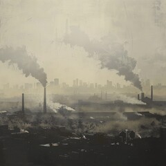a city skyline barely visible through a thick layer of smog, with factories in the background. Job ID: f0c5c141-3a74-4a6c-962f-2fda8dd42eef