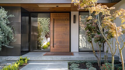 A main door crafted from sustainable materials such as bamboo or recycled glass, reflecting the...