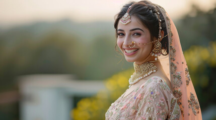 Indian Bride in a traditional dress with a veil and wearing jewelry