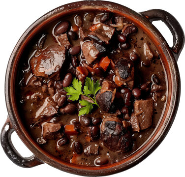Feijoada in rustic pot cut out on transparent background