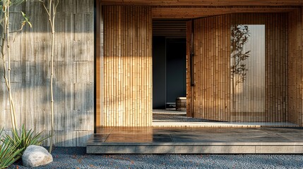 A main door crafted from sustainable materials such as bamboo or recycled glass, reflecting the homeowners' commitment to eco-friendly living and contemporary design principles in