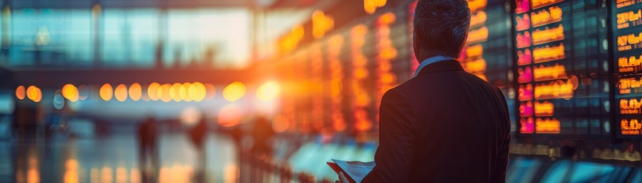 A business person checking a flight schedule at an airport