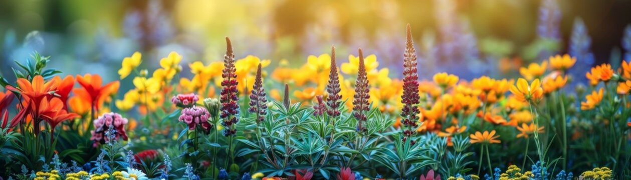 A close view of a garden with a wide range of flowers
