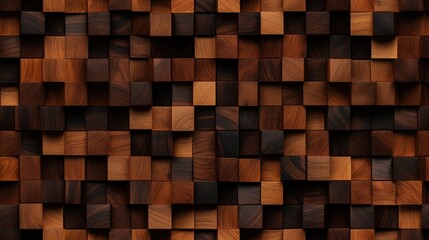 An abstract image of a wooden mosaic wall consisting of an array of colored cubes. Seamless backdrop. Generative AI