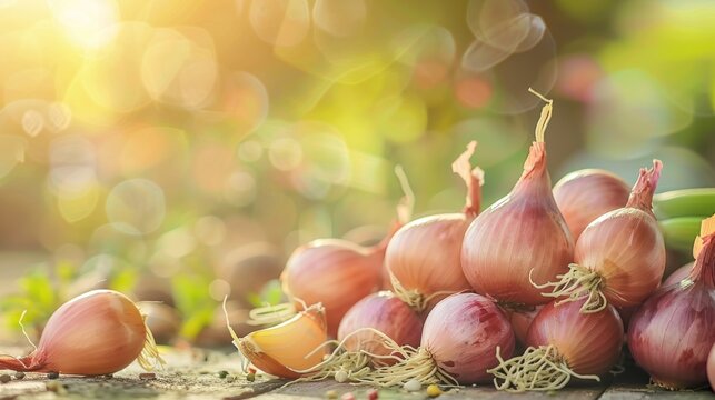 Fresh shallots onion on nature blur background. AI generated image