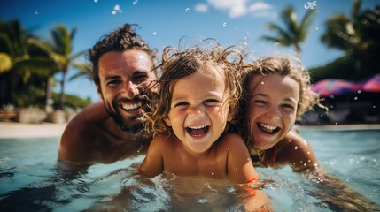 A family on vacation with children relaxing in the pool. Active recreation. Happy travels. Generative AI