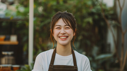 白いシャツにエプロンを身に付けて微笑む若い日本人女性 - obrazy, fototapety, plakaty