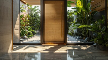 A main door crafted from sustainable materials such as bamboo or recycled glass, reflecting the homeowners' commitment to eco-friendly living and contemporary design principles in - obrazy, fototapety, plakaty