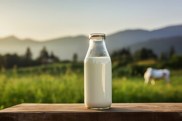Milk bottle with no lettering on background of nature and countryside. Layout. Farming. For...