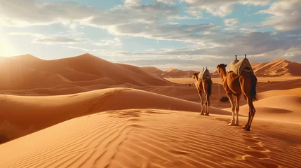 Gordijnen As the golden light of twilight bathes the desert, two camels trek across the soft, undulating dunes, embodying the serene essence of a tranquil evening in the vast sandy landscape - Generative AI © chris3d