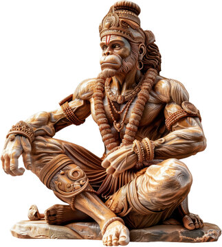 Hanuman deity sculpture with detailed carving isolated cut out on transparent background